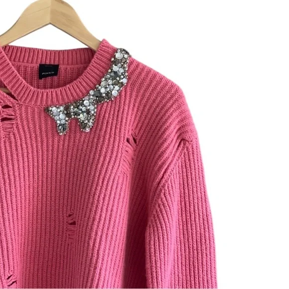 Pinko distressed ribbed knit sweater with a crystal-embellished collar - Picture 4 of 16
